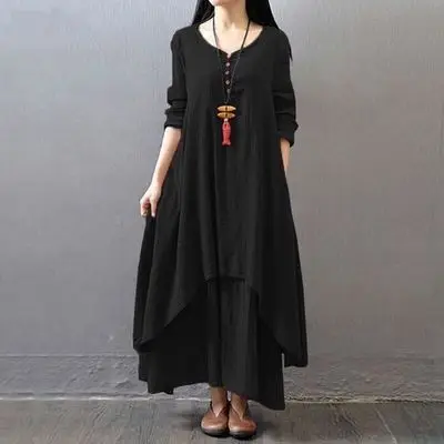 HKRED RTS Wholesale Lady Solid Color Long Sleeve Cotton Korean Maxi Women Linen Dress With Plus Size Casual Dresses