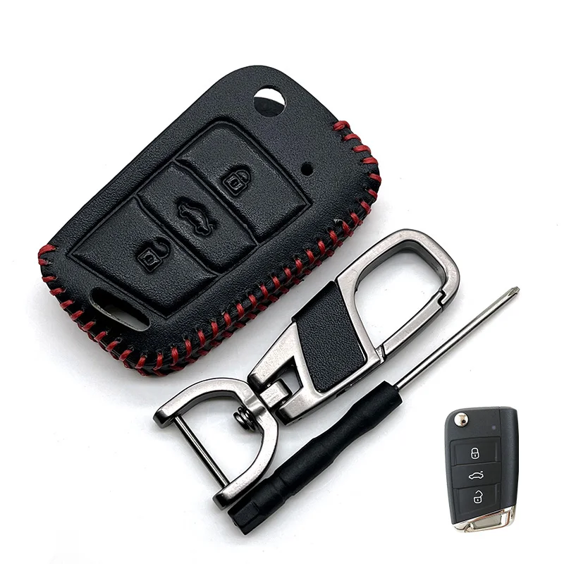 Leather Car Key Cover For VW Volkswagen Golf 6 Polo Passat Seat Ibiza Leon Skoda Octavia Fabia 3 Buttons Folding Remote Fob Case