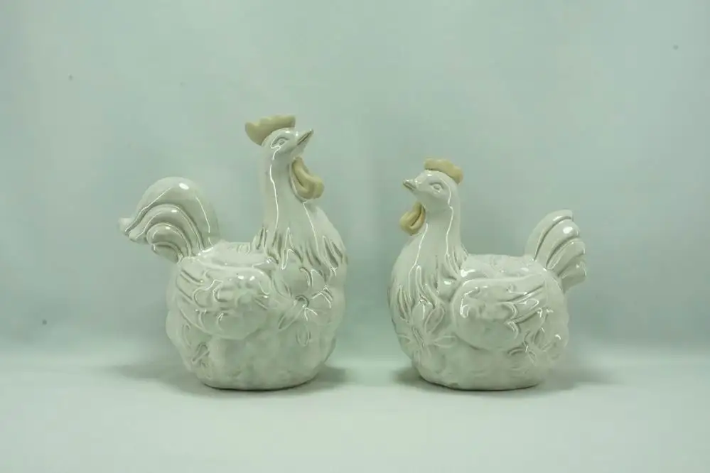 Pristine White Ceramic Cock Pair, Ornate Tail Feather Design, Kitchen Adornment