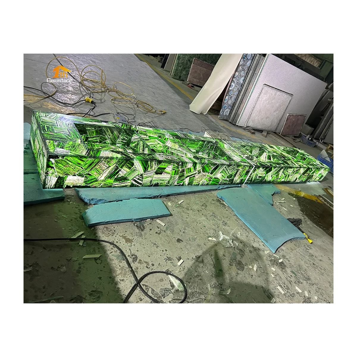 Natural Green Emerald Backlit Stone Double Sink Bathroom Vanity Countertop With Led Light