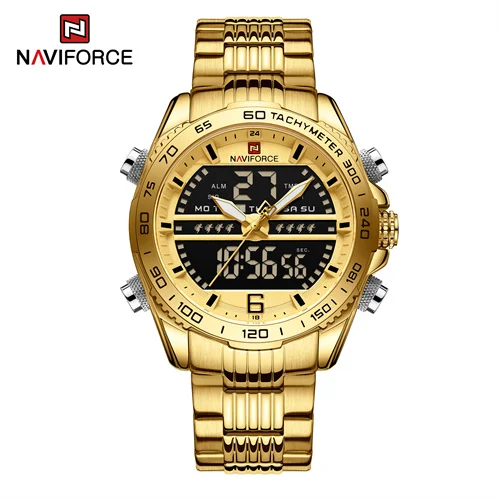 NAVIFORCE 9195 GGG Luxury Quartz Analog Stainless Steel Mans Watches LCD Digital Waterproof Chronograph Watches man wrist Male