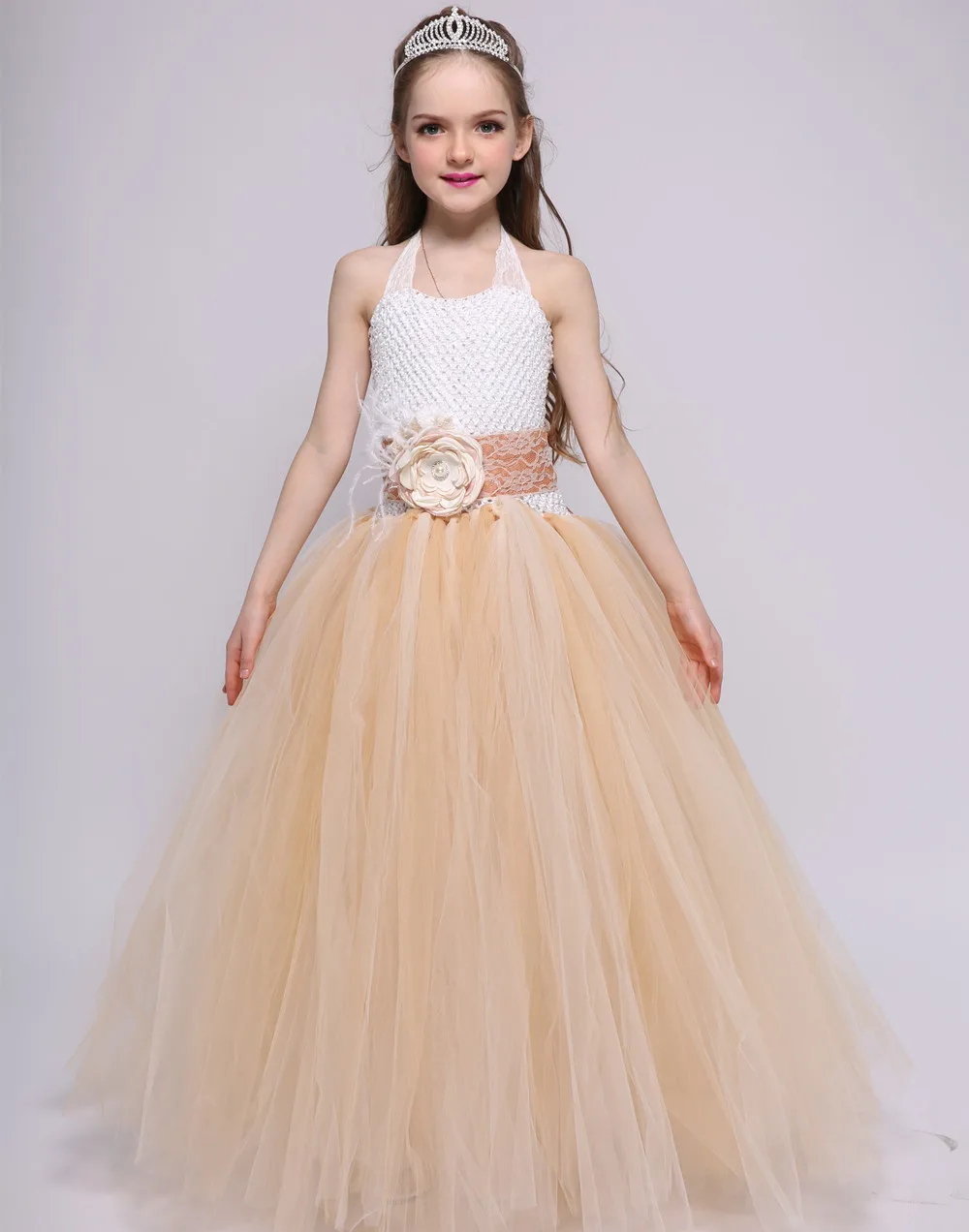 Classic Younger Flower Girl Princess Frock Apricot Long Tulle 12 Years Old Girls vestido de casamento