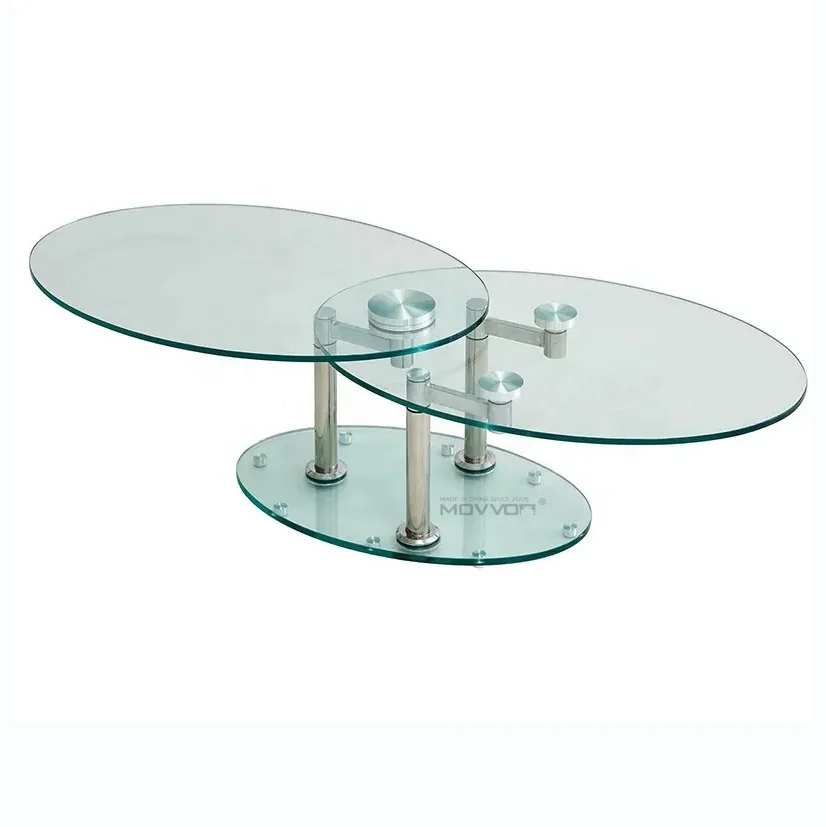 Modern functional  tempered glass top oval full swivel coffee table