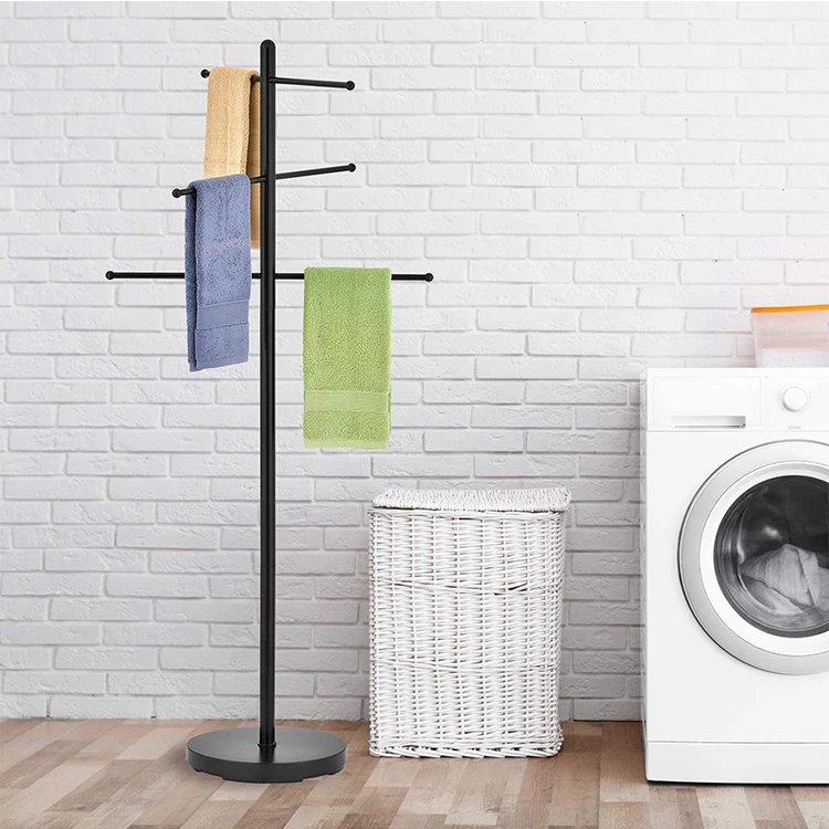 Design 5.5-Foot Black Metal Freestanding 6-Rung Indoor Towel Hanging Rack - Spa or Poolside Towel Drying Stand