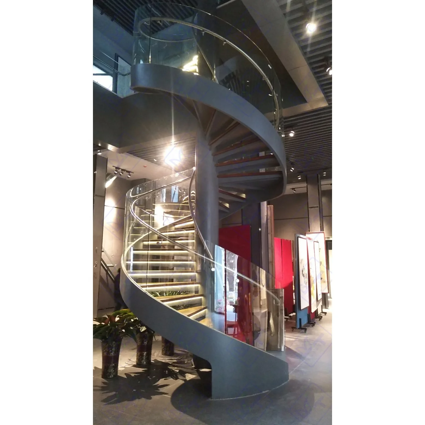 Luxury Villa Indoor LED Lighting Steel Stringer Floating Wooded Glass Wire rope guardrail Staircase