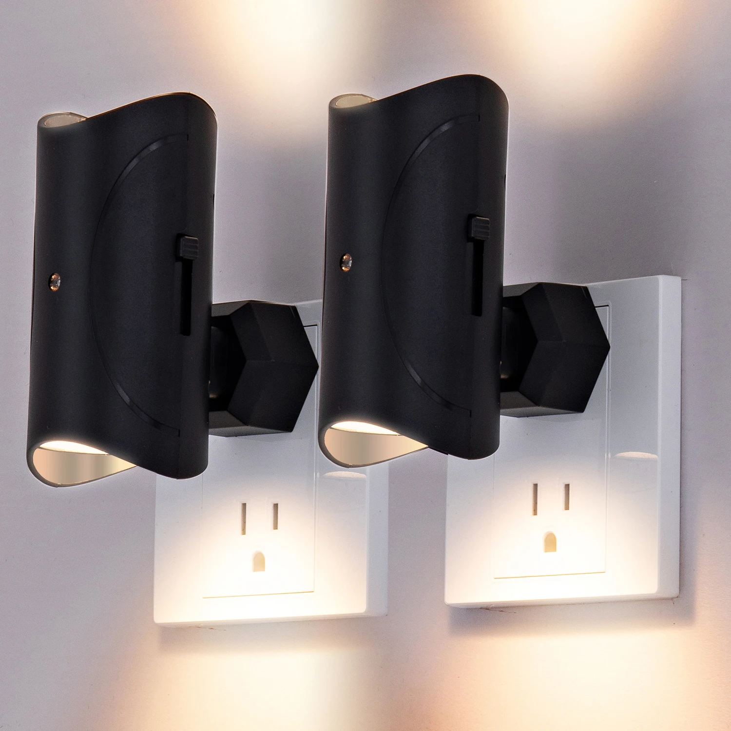 Modern Dimmable LED Night Lights 3000K Soft White Dusk Dawn Sensor 0-100LM Adjustable Brightness Plug Wall Black Square 2 Packs