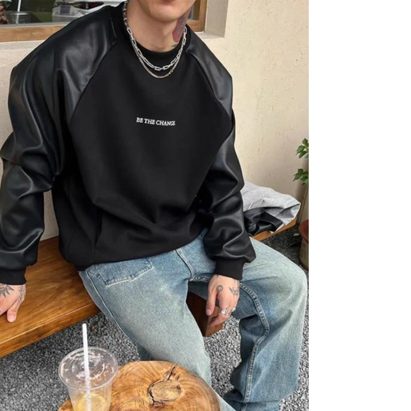 Wholesale Oversized Crewneck blank Sweatshirt With Leather Patches Custom Logo Drop Shoulder Plain Pullover Sweatshirt