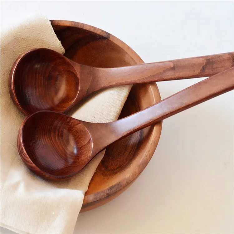 Chinese Wholesale Custom Logo Hotel Dark Brown Long Handle Big Hot Pot Ramen Wood Soup Spoon For Tableware
