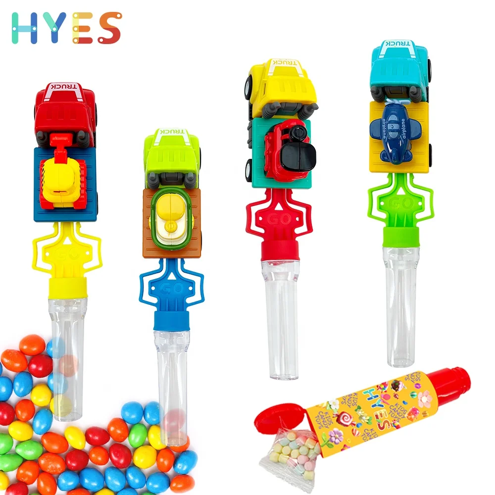 Huiye Popular Ejection Car Shape Candy Toys Wind Up Cartoon Press Candy With Tube Filled Creative Promotional Candy Toys For Kid