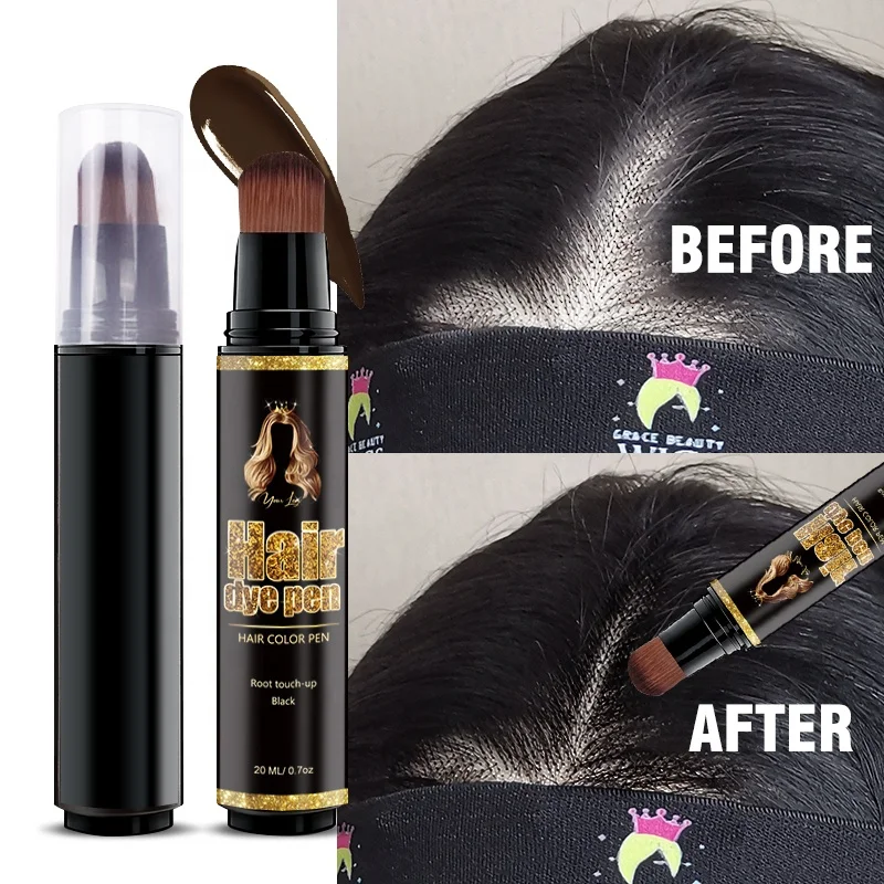 Private Label Semi-permanent Hair Dye Pen Touch Up Root Concealer Correct Over Bleached Wig Knots Black Hair Dye Brush Pen