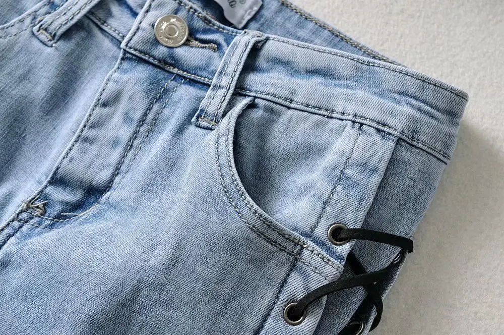 Sexy women denim skinny pants lady full length female contrast eyelet high waist denim jeans trousers with side strings