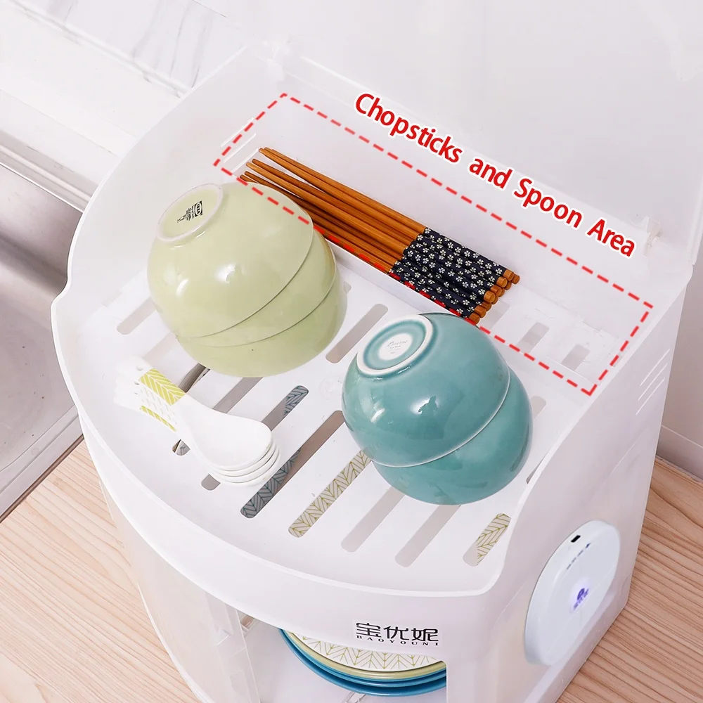 BAOYOUNI 2 Tiers UV Sterilizer Dish Bowl Plastic Storage Box Plates Knife Organizer Rack with Cover Dish Draining Cabinet Shelf