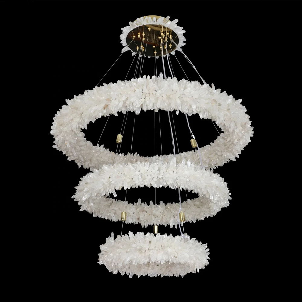 Natural Crystal Pendant Lamp Rock Quartz Round LED Pendant Chandelier For Living Room