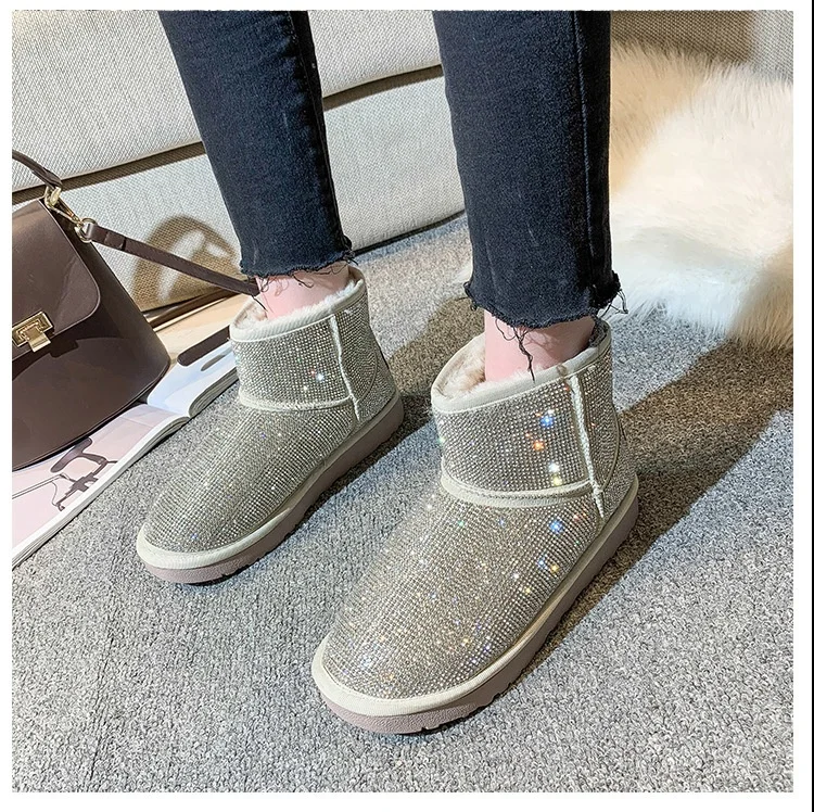 
High Quality Top Popular Wool Winter Boots New Style Crystal Rhinestone Sparkling Flat Women Snow Boots Ladies Hot Wholesale 