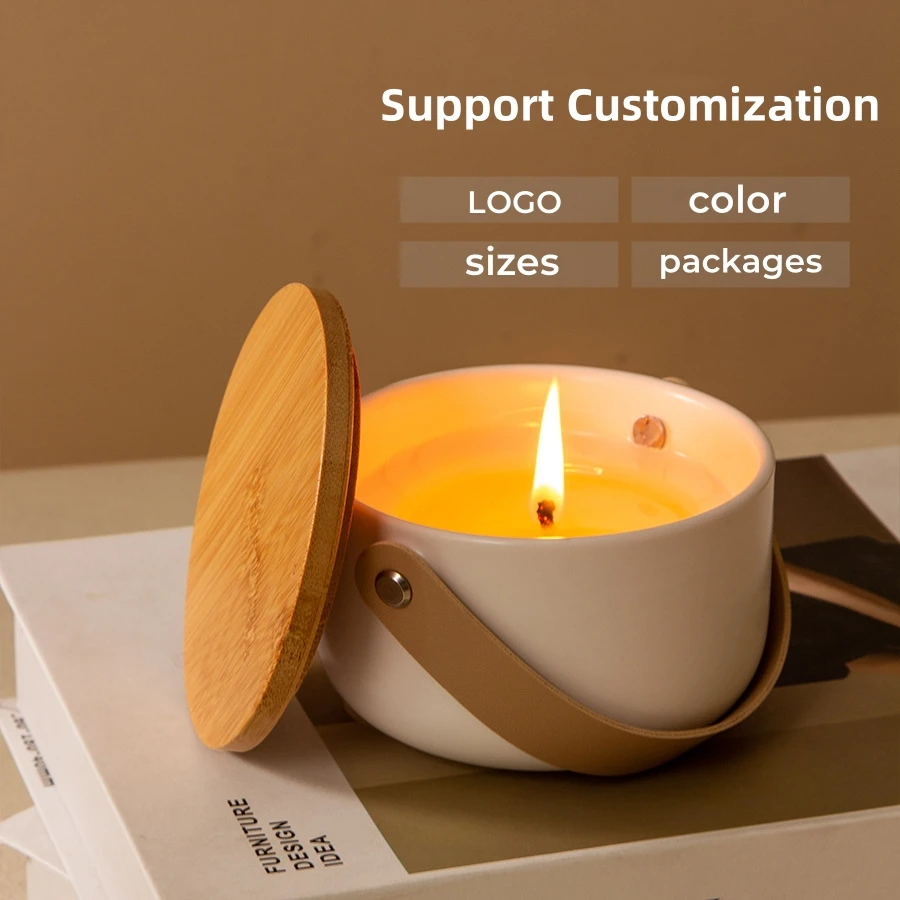 Wholesale Unique Ceramic Candle Jar with Leather Handle Nordic Custom White Luxury Ceramic Candle Vessels With Lid