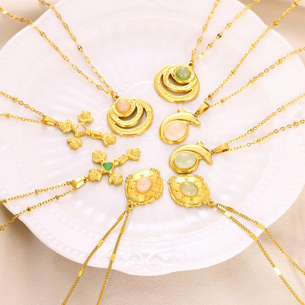Duoying Stainless Steel Inlaid Natural Stone Rose Flower Shape Heart Gold Plated Cross Necklace For Women Party