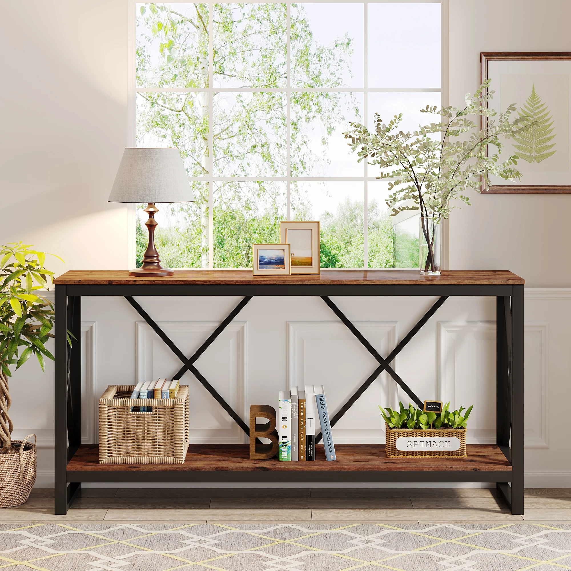 Tribesigns Industrial Long and Narrow Console Table with 2 Open Display and Storage Shelves for Living Room Furniture