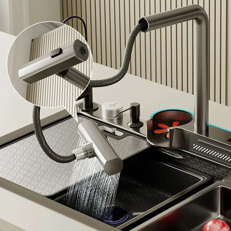 Stainless Steel Waterfall Kitchen Sink Large Single Slot Integrated Digital Display Faucet Set Embossed Wash Basin