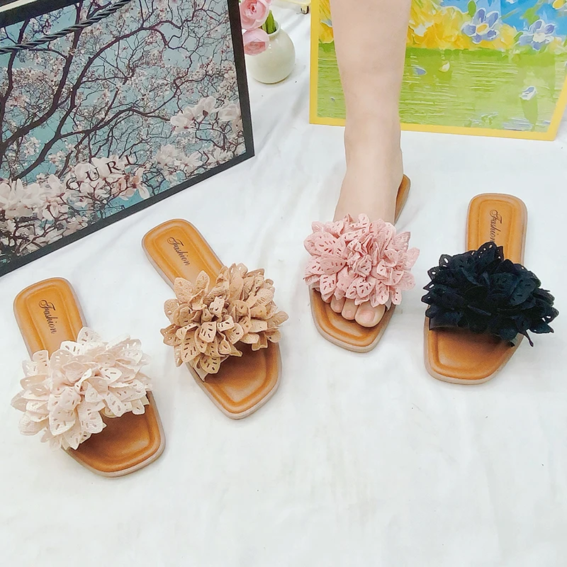 New Popular original flower leather flat sandals slippers for women slides outdoor casual trend slipper shoes