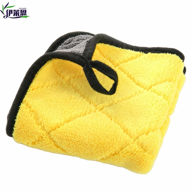 Microfiber diamond lattice towel yellow grey super absorbent coral fleece car towel 40*40 detailing car wash towel