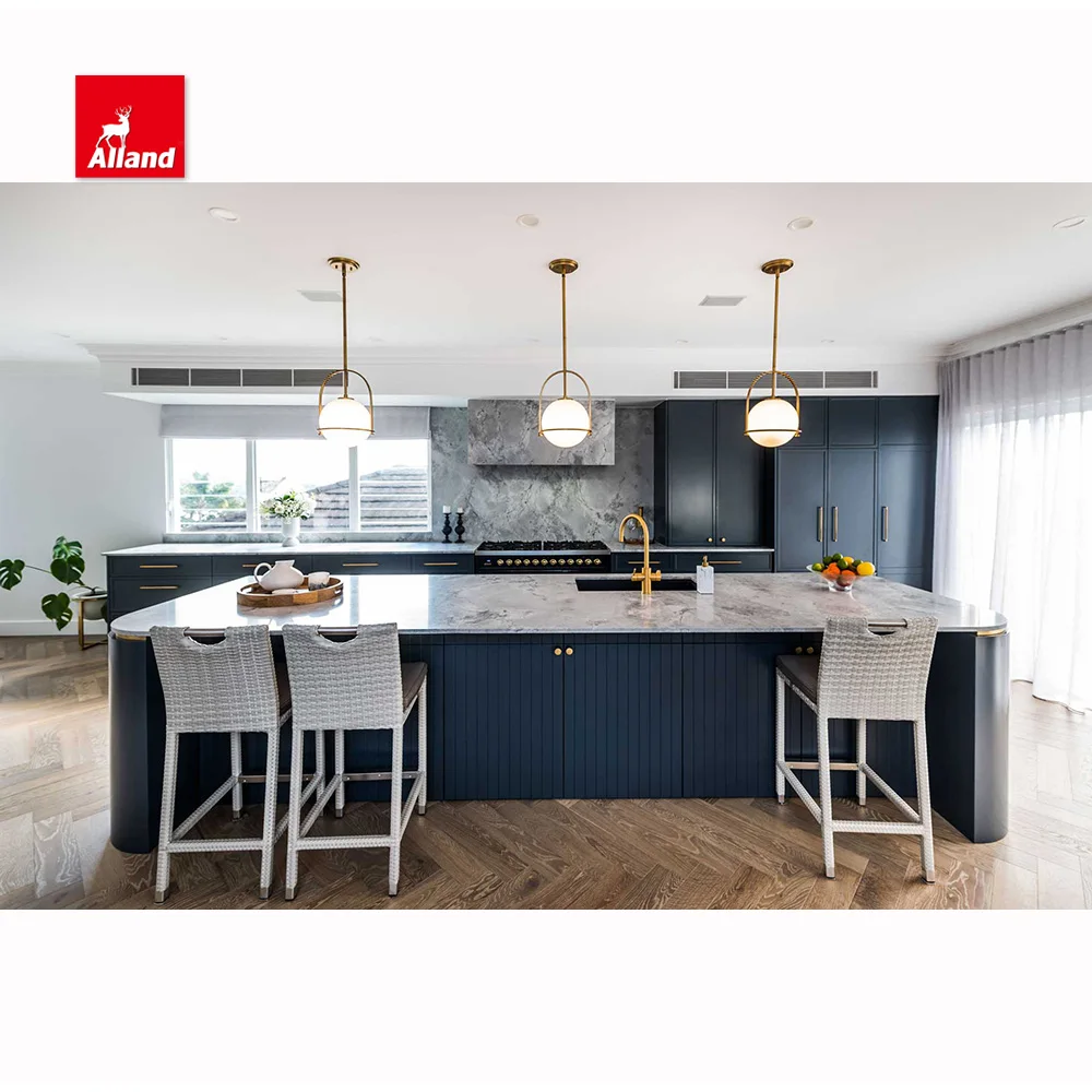 Allandcabinet Modern Coastal Blue Shaker Panel MDF Handle Fluted Island Curved Countertop Kitchen Cabinets with Bifold Door