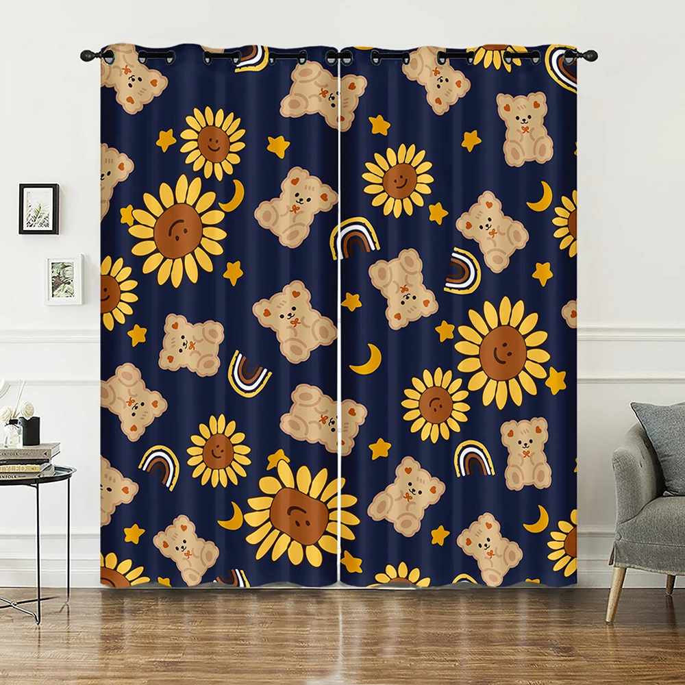 Cartoon Lovely Bear Moon Window Curtains for Baby Room Bedroom Decorations with Fabric Machine Washable Curtain