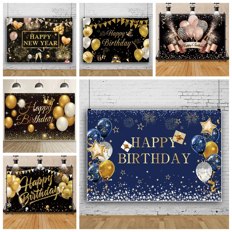 Black Gold Happy Birthday Paty Backdrop Banner Photography Background Party Decorations Supplies birthday backdrop background