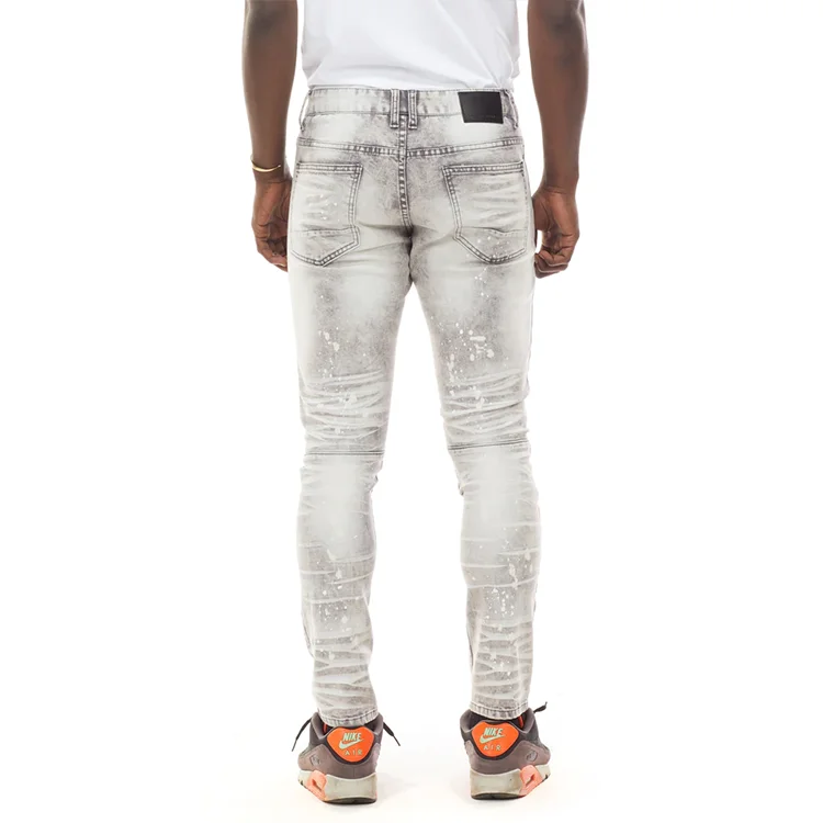Fashion High Quality Stylish Light Color Unity Rhinestone Letter Dripping Design Jean Long Pants Men
