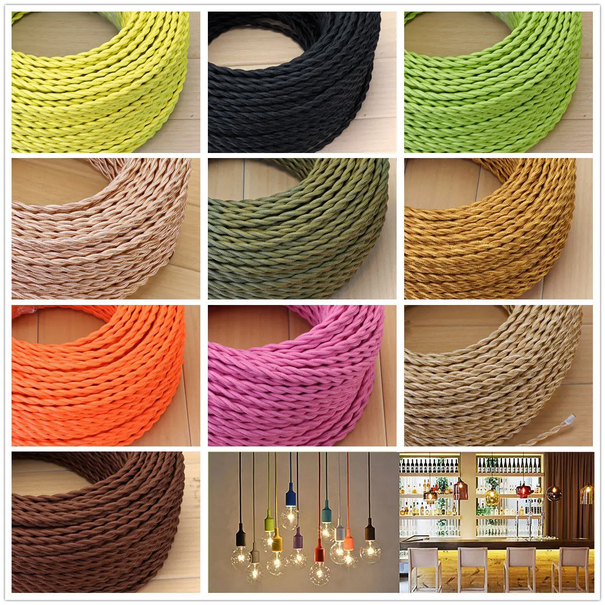 2 Core Vintage 2*0.75 Color Twisted Braided Fabric Light Lamp Cable Electric Wire Cord For Decorations