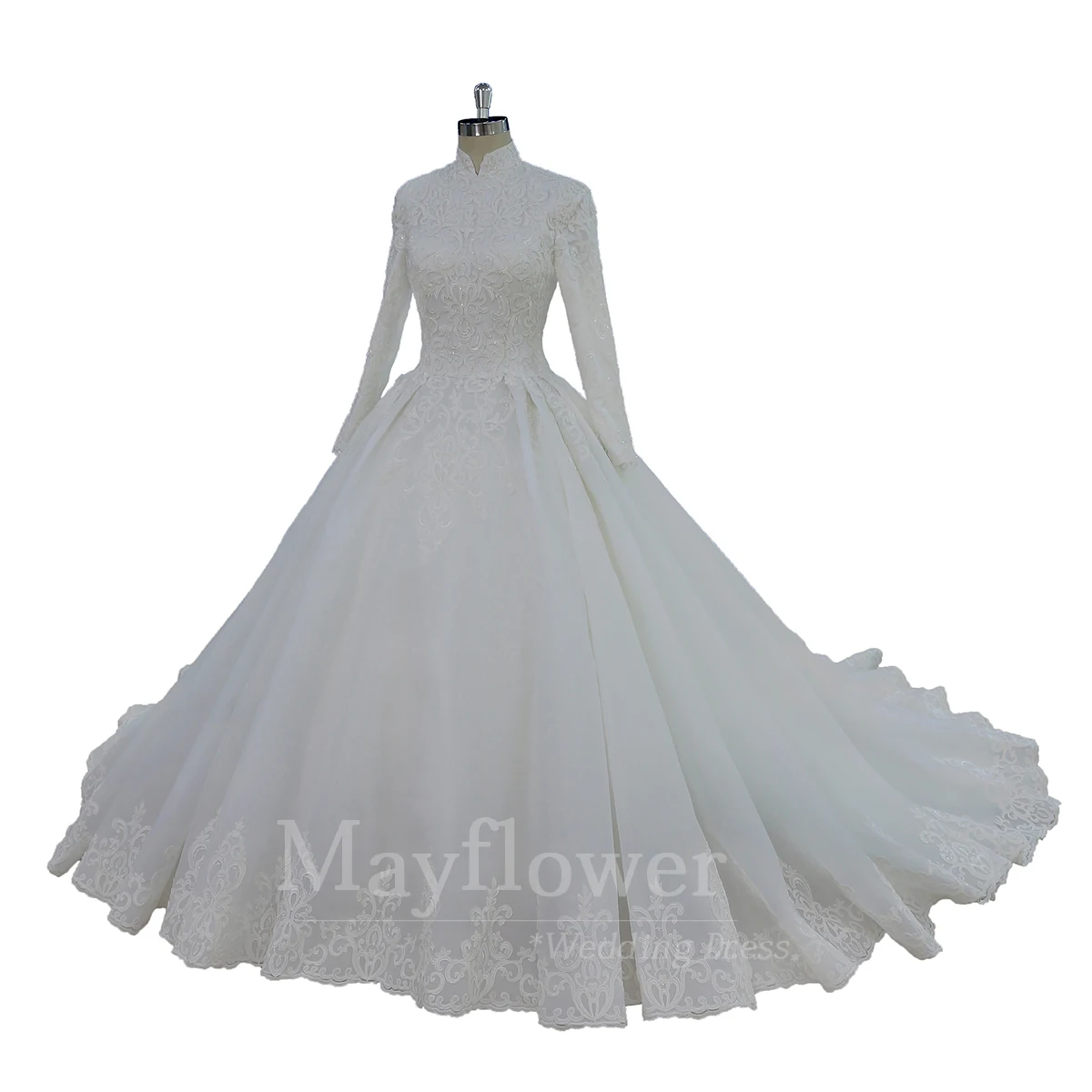 Beautiful long sleeves lace bridal dress ball gown muslim wedding dress
