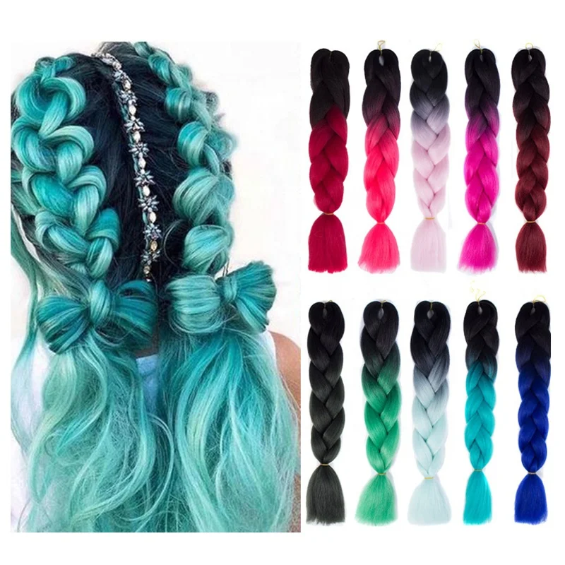 24 Inch 100g Ombre Rainbow Braiding Synthetic Hair Extensions For Cosplay Party Halloween Jumbo Braiding Hair