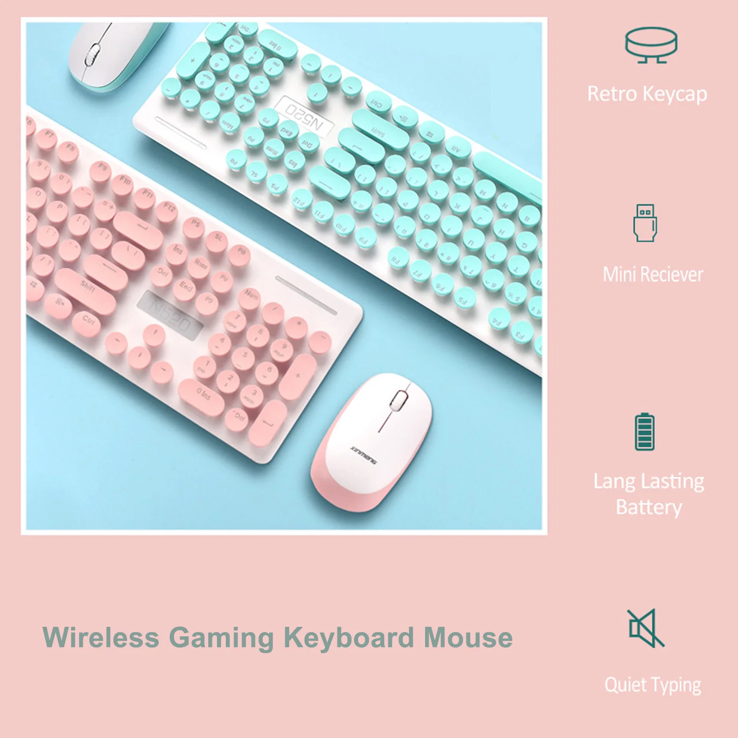 Ergonomic Retro Chiclet Round Keycaps N520 2.4GHz Wireless Connectivity Silent Typing Keyboard and 1600DPI Mouse Combo