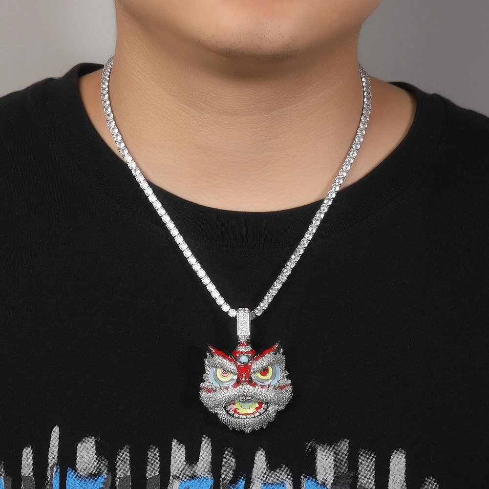 Colorful Men Jewelry Iced Out Hip Hop Inlaid Zircon Lion Awakening Pendant Oil Dripping Lion Head Necklace Chains for Men