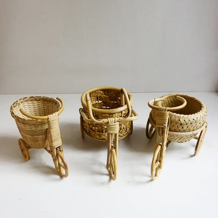 Bicycle Decorative Flower Basket Bamboo Tricycle Bike Design Flower Basket Storage Party Decoration Pots