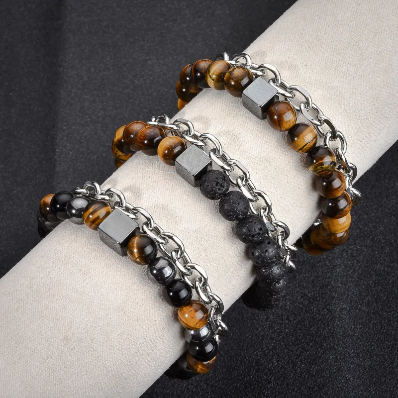 European American 8mm Tiger Eye Stone Double Layer Bracelet for Men Square Black Magnet Beaded Religious Handicraft Jewelry