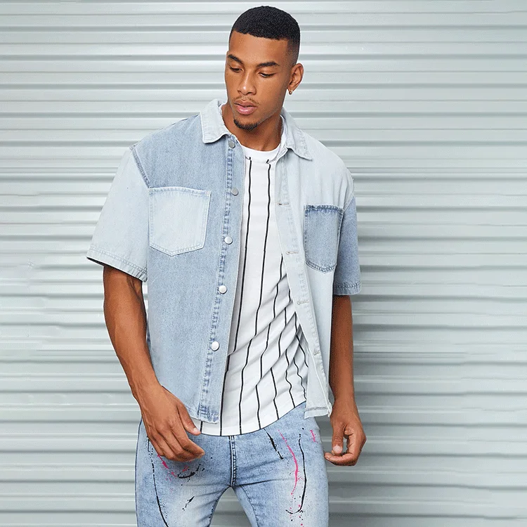 Mens Clothing Double Pocket Shirts Casual Short Sleeve Button Up Color Block Shirt Custom for Men