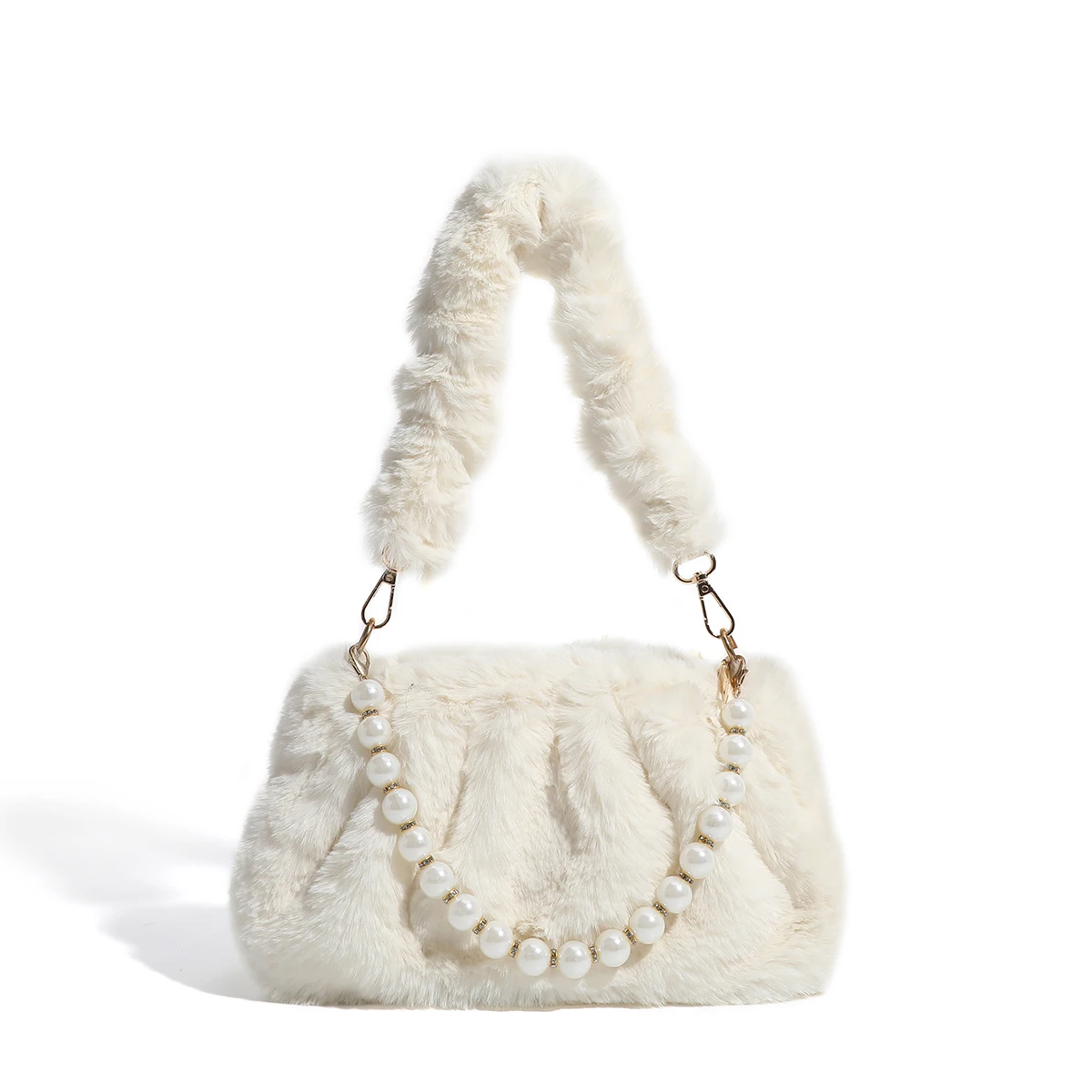 2022 New Arrival Autumn Winter Fashion Ladies Tote Bags Woolen Fabric Imitation Rabbit Hair Pearl Chain Women Handbags