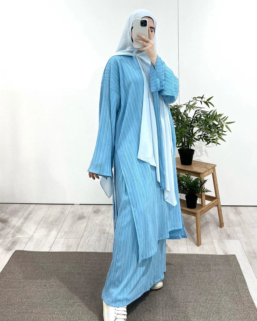 2 Piece Pleated Stripe Set Islamic Clothing Women Modest Abaya Loose Split Side Tunics Oversize Skirts Baju Kurung