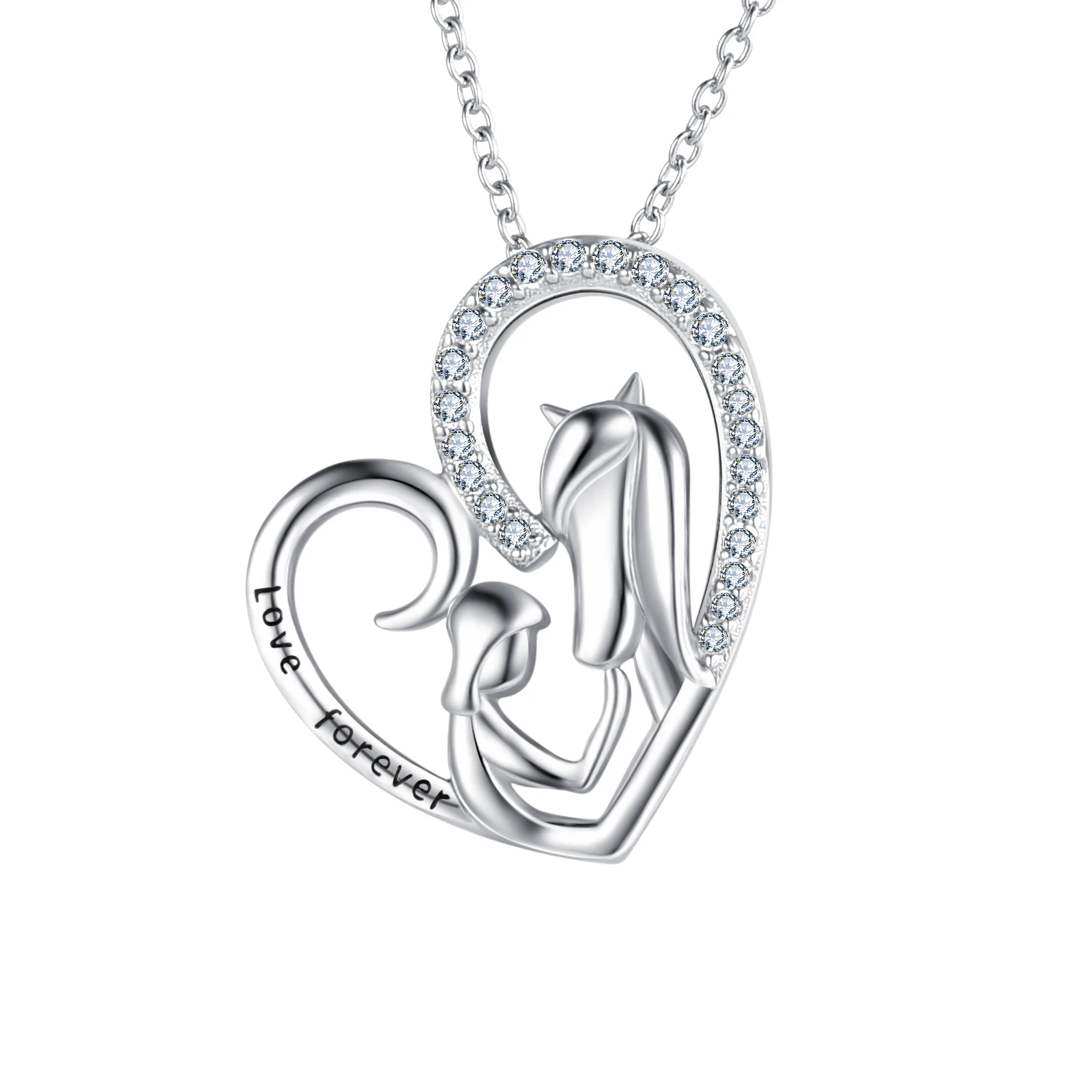 Hot sell fashion 925 sterling silver horse and girl love forever zircon pendant necklace jewelry for women