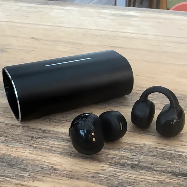 Portable Headset with Microphone Clip On Ear Headphones with Charging Case Open Ear Wireless Earbuds