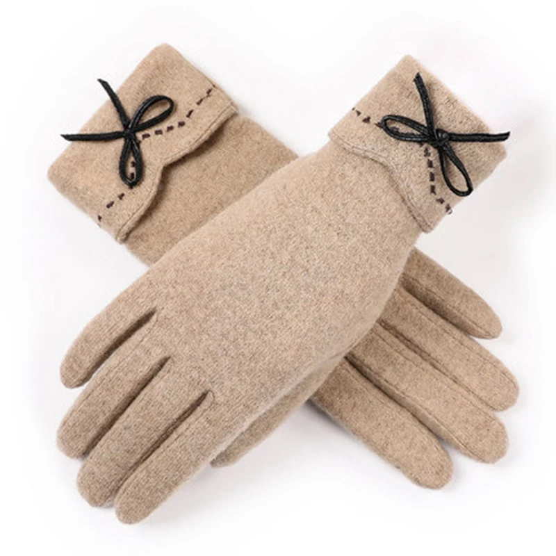Solid Color Elegant Plus Velvet thickening Touch Screen Gloves Winter Women Warm Cashmere Full Finger Bow Mitten