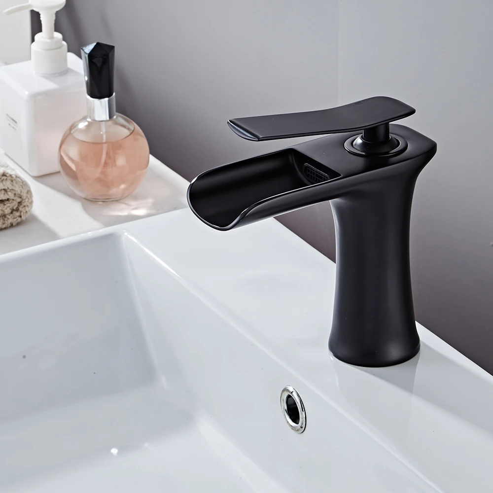 YUNDOOM OEM Black Brass Torneira Banheiro Basin Torneira Musluk Bathroom Hot Cold Water Single Handle Waterfall Basin Faucets