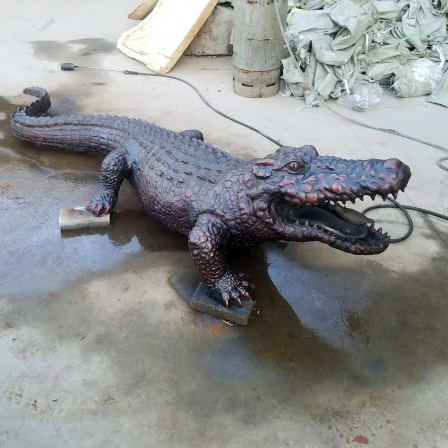 Realistic Life Size Bronze Crocodile Sculpture Metal Brass Water Animal Statue