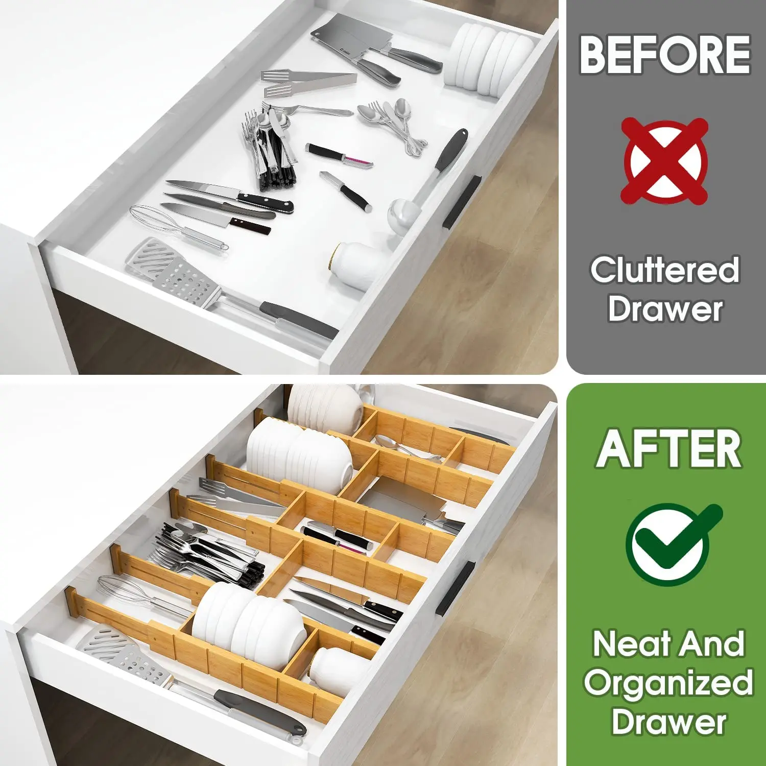 Expandable Adjustable Bamboo Drawer Dividers with 12 Inserts Kitchen Drawer Organizer