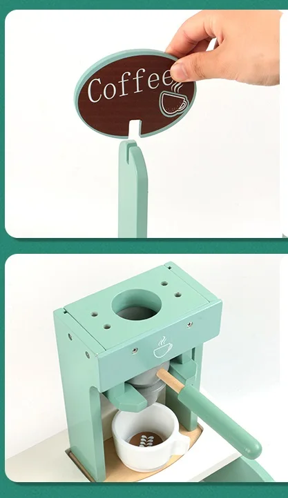 New Arrival Hot sale role play wooden coffee machine with tea and cake set toy for kids