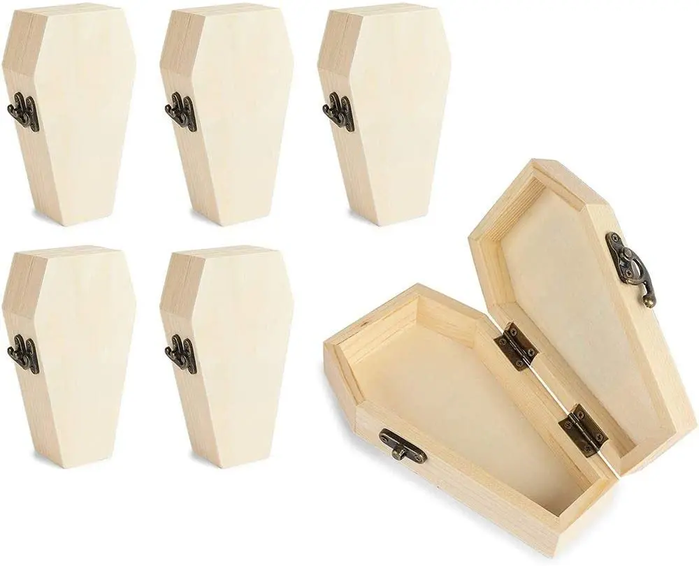 Ecofriendly Miniature Unfinished Natural Wood Craft Coffin Box with Hinged Lids Wooden Funeral Coffins for Halloween Parties