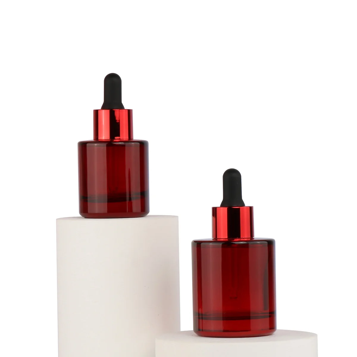 
 Косметика на заказ, 30 мл сывороточный плоский флакон-капельница с красным золотым колпачком и белой лампой  
