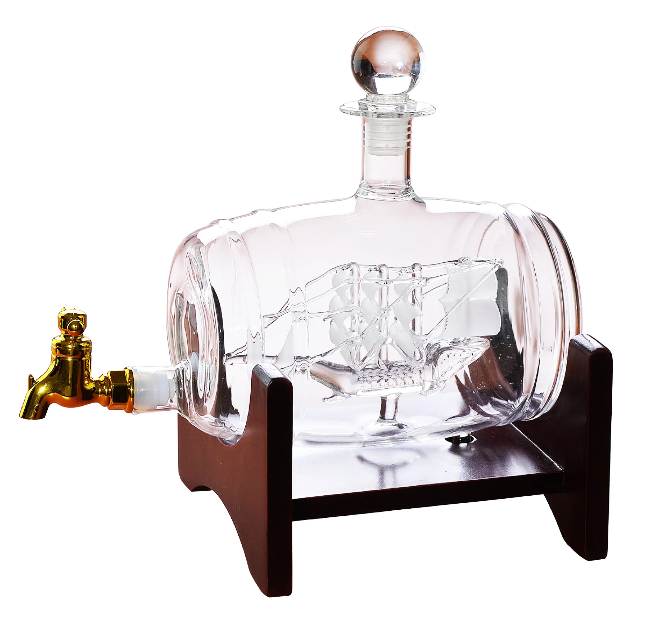 Custom 500ml 600ml 800ml Whiskey Wine Decanter Set With Wood Base Handmade Sailing Boat Shape Liquor Glass Decanter Set