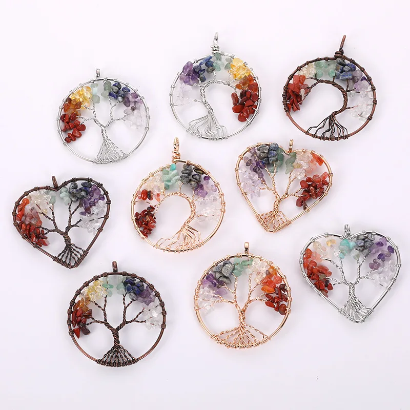 Antique Bronze Plated Wire Wrap Chip Tree Of Life 7 Chakras Crystal Stone Healing Crystals Pendant for necklace Amethyst