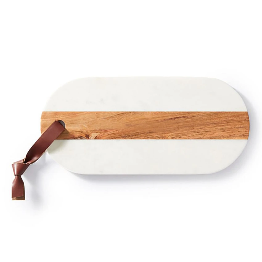 Large Oval Shape Cutting Board Double Sided Usable Charcuterie Platter Serving Marble and Wood Cheese Boards with Leather Handle